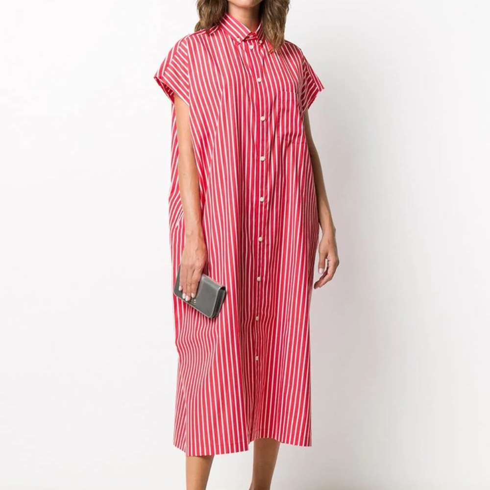 BALENCIAGA Rawcut Cotton Poplin Shirt Dress Red Stripe Size FR 36 Small S